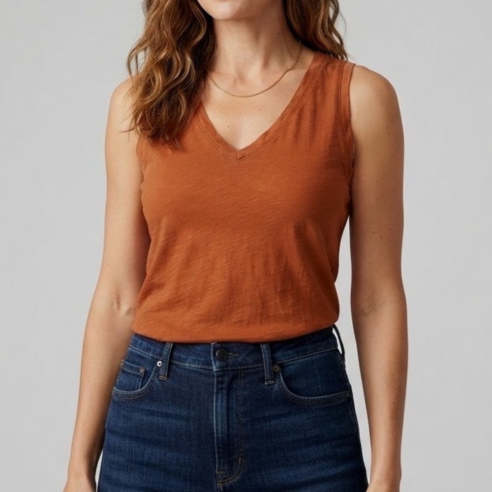 Madewell Whisper Cotton V-Neck Tank Top Rust Orange XXS Slub Knit